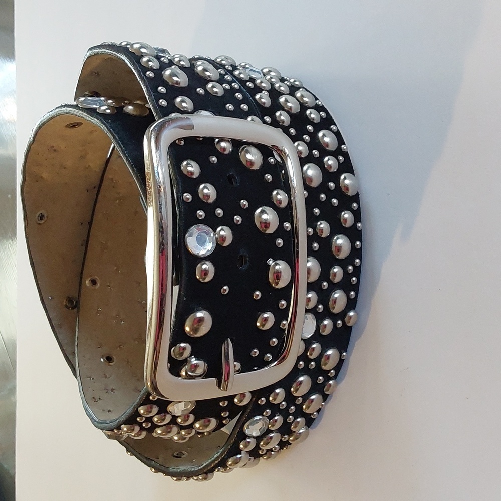 Womens Black Leather Silver Studded & Crystals Stunning Belt Silver Buckle Sz.L - Picture 2 of 6